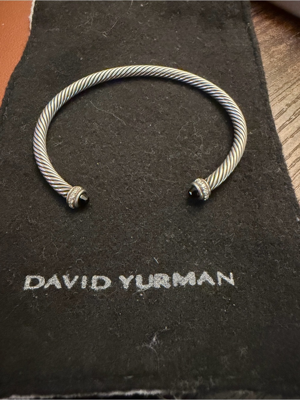 David Yurman Sterling Silver with Black Onyx 4mm Diamond Cable Cuff Bracelet